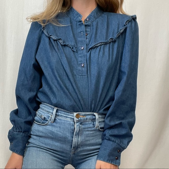 Vintage Cottagecore Denim Chambray Blouse - Picture 2 of 14
